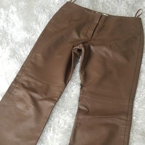 DKNY Brown Genuine Leather Straight Leg Pants